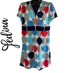 Yedina Blue/Gray And Red Circle Print Short Sleeve Blouse Size XL